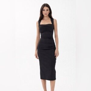 Camila Coelho Black Midi Fitted Cocktail Dress Bodycon Ruched Women’s Size XS